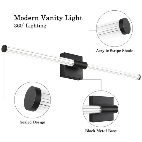 Lit Matte Black Vanity Light Fixture For Bathrooms, 31.6 Inch Modern Wall Sconce With Integrated LED, acrylic shade and black base detail