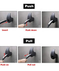 Instructions for using the Slick Wall Mount Charging Cable Organizer For Tesla with diagrams for push and pull action.