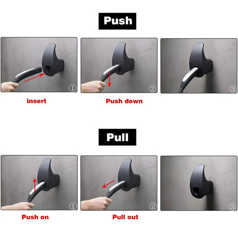 Instructions for using the Slick Wall Mount Charging Cable Organizer For Tesla with diagrams for push and pull action.