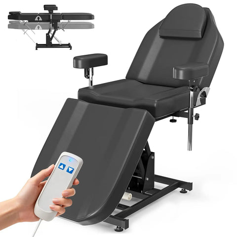 Premium Electric Tattoo Chair Bed With Stool, Heavy Duty Styling Massage Table Lift System with remote control for height adjustment.