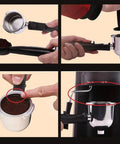 Compact Home Espresso Maker With Steam Milk Frother, 3.5 Bar, 4 Cup Capacity, Barista Grade Espresso steps showing filter and frother use