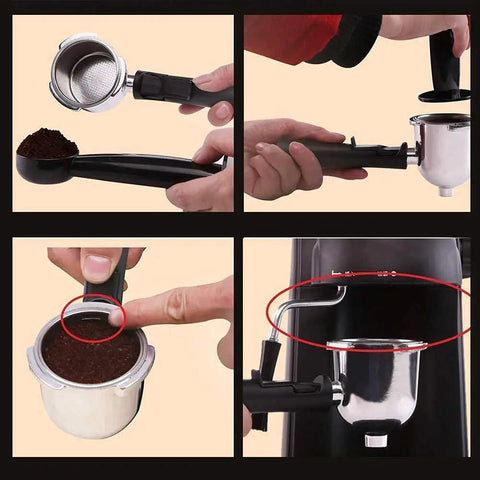 Compact Home Espresso Maker With Steam Milk Frother, 3.5 Bar, 4 Cup Capacity, Barista Grade Espresso steps showing filter and frother use