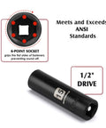 38 Piece One Half Inch Drive Deep Impact Socket Master Set With 10 Inch Quick Release Ratchet And Accessories, SAE And Metric Deep Sockets From Three Eighths To One And A Quarter Inch, 10 To 32 Mm, CR-V Steel, close-up of 15mm deep socket showing 6-point grip and ANSI standards.
