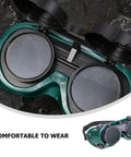 Four Pack Welding Safety Goggles With Flip Up Design Kickass Arc Light Protection No Sweat Ventilation For Industrial Work close-up view.