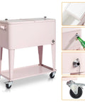 80 Quart Rolling Cooler Cart Portable Bar Drink Cooler on wheels with ice chest, shelf, bottle opener, cap catch in pink.