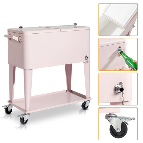 80 Quart Rolling Cooler Cart Portable Bar Drink Cooler on wheels with ice chest, shelf, bottle opener, cap catch in pink.