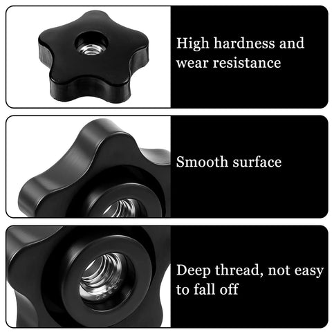 Heavy Duty 5/16 Black Star Knobs With Female Thread 4 Pack Ergonomic Wing Nuts showing smooth surface and deep thread for secure grip.