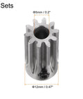 Close-up of a two piece straight spur pinion gear set for RC cars 10T 5mm bore 12mm outer diameter Mod 1 stainless steel part.