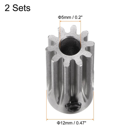 Close-up of a two piece straight spur pinion gear set for RC cars 10T 5mm bore 12mm outer diameter Mod 1 stainless steel part.