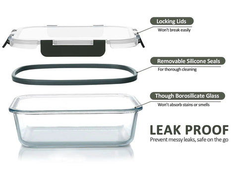 Must Have Thirty Piece Glass Food Storage Container Set With Snap Lock Lids For Airtight Meal Prep, showcasing lid, seal, and container