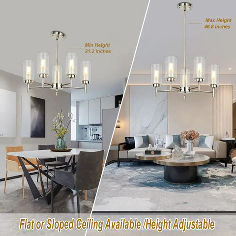 5-Light Modern Chandelier With Clear Glass Shades And Brushed Nickel Finish for dining room and living room decor