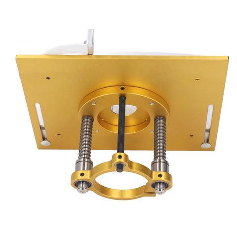 Heavy Duty Aluminum Trimming Flip Plate With Smooth Milling Guide Table Insert For Rock Solid Woodworking Router Lift Mount, gold with mounting elements.