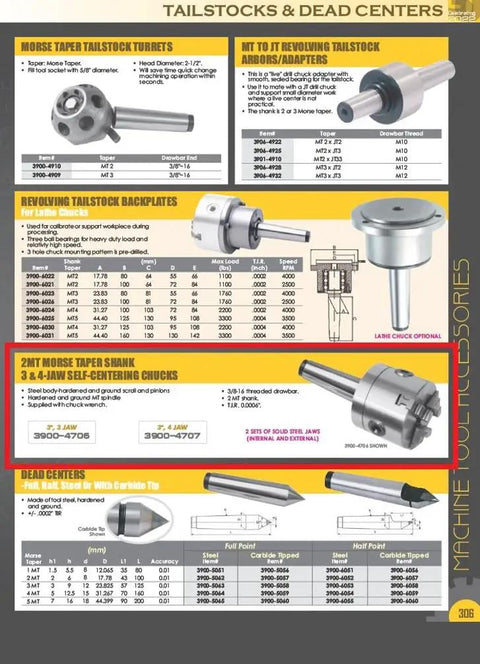 Two MT2 shank self-centering chucks in catalog, product specs; "Three Inch MT2 Shank Three Jaw Lathe Chuck With Threaded Drawbar."