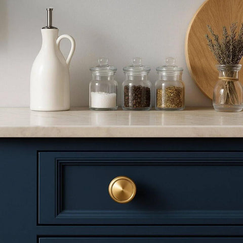 Champagne Bronze Cabinet Knobs Set Of 10 For Kitchen And Furniture, One And A Quarter Inch Single Hole Zinc Alloy Knobs installed on blue drawer