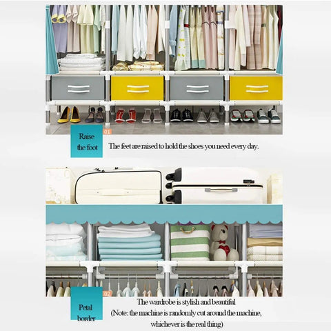 Portable Cloth Closet Wardrobe With Hanging Rod And Shelf, Freestanding Storage Organizer Cabinet For Bedroom And Living Room, Dustproof Waterproof Cover, Sturdy As A Rock Build, Easy Pop Up Setup, Killer Storage To Keep Your Threads Clean And Dry. Interior view showing hanging clothes, shoes, and neatly organized shelves.