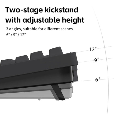 Fly 75 Percent Wireless Mechanical Keyboard Featuring Tri Mode Bluetooth And Usb C Connections showing adjustable height kickstand at various angles.