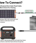 Diagram showing 30 Foot Go-To Solar Panel Extension Cable 14AWG 8mm DC Plug with connections to portable solar panels and power station.