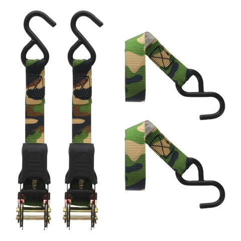 Lock Down Your Gear Tough As Nails Camouflage Ratchet Tie Down Straps One Inch By Eight Feet showing heavy duty S hooks.