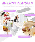 Multiple features of cake decorating kit showing offset spatula and various baking functions with purple text overlay.