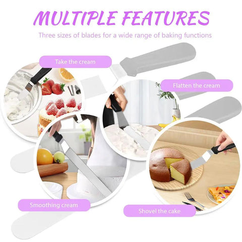 Multiple features of cake decorating kit showing offset spatula and various baking functions with purple text overlay.