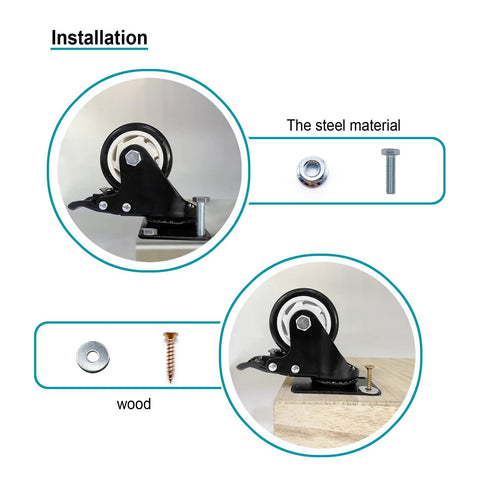 Installation of 3 Inch Heavy Duty Caster Wheels Set Of 4 With Locking Industrial Swivel Casters on wood surface with screws