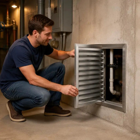 Man opening the Tough As Nails Stainless Steel Louvered Grille Access Panel For Drywall Ventilation and Outdoor Plumbing Inspection Door.