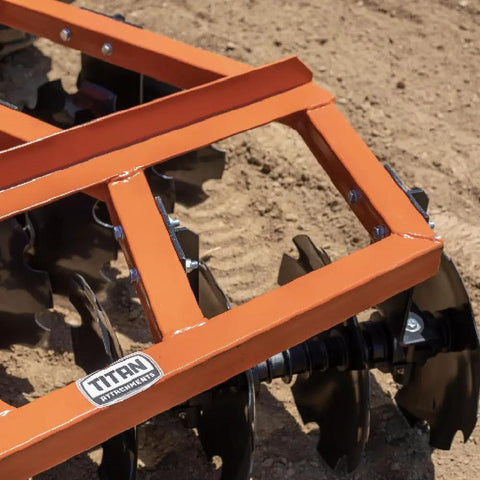 Close-up of 3 Point 6-Foot Notched Disc Harrow Plow Attachment For Cat 1 Tractors With 16-Inch Notched Discs on soil