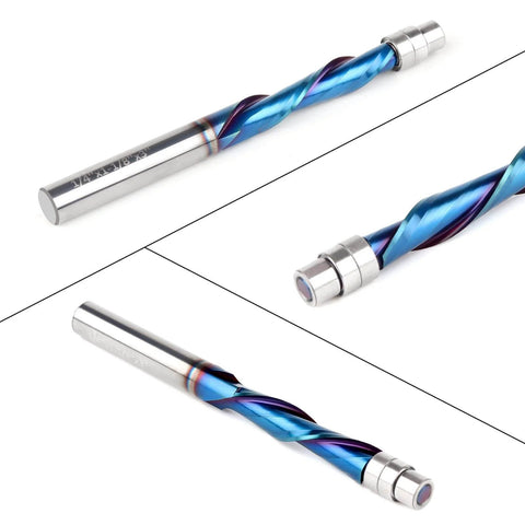 Downcut Spiral Flush Trim Router Bit Pro Grade One Quarter Inch Shank Solid Carbide Nano Coated With Top Bearing and Dual Ball Bearings