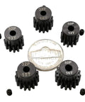 Hardened Pinion Gear Set For RC Cars 32P 0.8M Pitch With One Eighth Inch Hole And Hex Key 12T 13T 14T 15T 16T displayed with coin