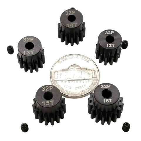 Hardened Pinion Gear Set For RC Cars 32P 0.8M Pitch With One Eighth Inch Hole And Hex Key 12T 13T 14T 15T 16T displayed with coin