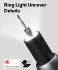 Front view of a black cordless rotary tool with an LED ring light and an engraving bit