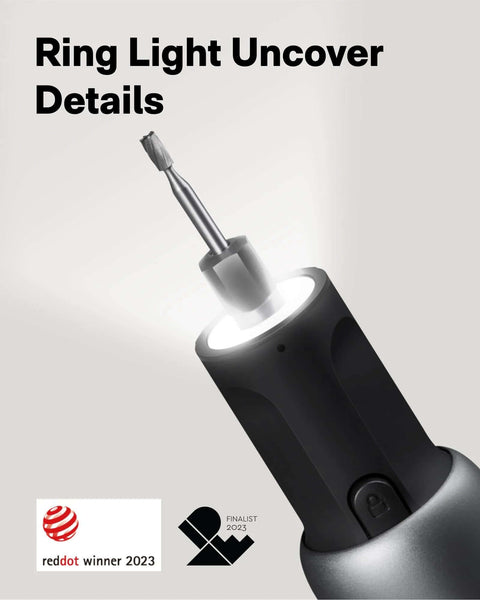 Front view of a black cordless rotary tool with an LED ring light and an engraving bit