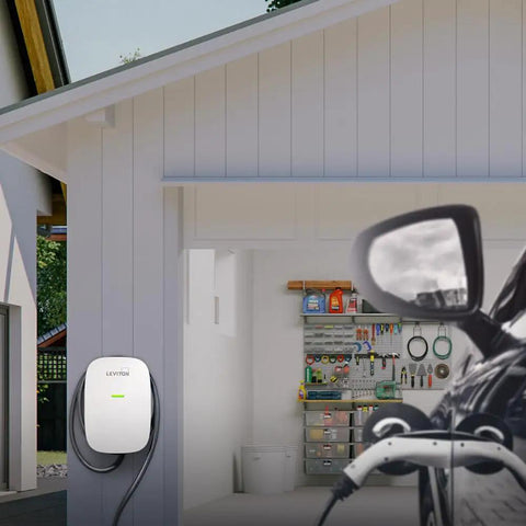 Beefy Level 2 EV Charger With 48 Amp Output And 11.6 kW Power, 18 Foot Cable installed in home garage next to charging vehicle