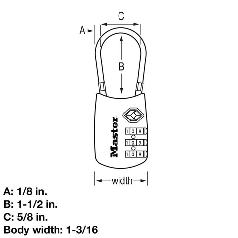 Diagram of Set Your Own 3 Digit TSA Approved Luggage Lock With metal body and measurements annotated