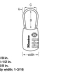 Diagram of Set Your Own 3 Digit TSA Approved Luggage Lock For Travel, Durable Metal Body, dimensions in inches labeled A, B, C