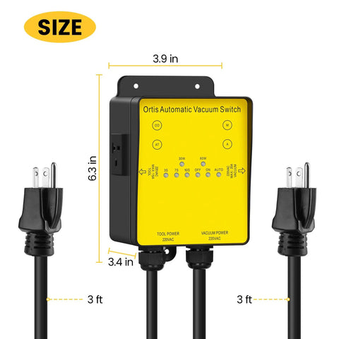 Ortis Automatic Vacuum Switch front view with yellow faceplate and 220V tool/vacuum outlets.