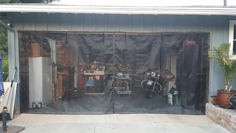 Garage Door Screen For 2 Car Doors 18x8 Ft Magnetic Closure Heavy Duty Mesh showing garage interior with tools and motorcycle