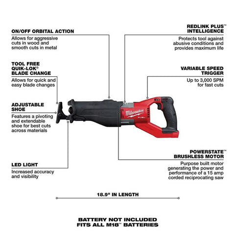 M18 FUEL Super Sawzall Cordless Reciprocating Saw with Powerstate Brushless Motor and Redlink Plus Intelligence labeled features