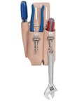 3 Pocket Linesman Tool Holder in saddle leather shown with pliers and wrench, ideal for jobsite organization, made in Mexico.