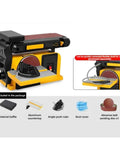 Badass Two In One Desktop Belt Sander And Disc Grinder Combo for woodworking showing table, sanding disk, attachments, and features.