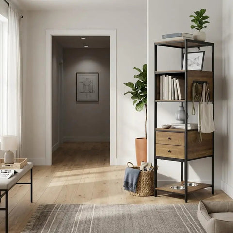 Two In One Pet Friendly Bookshelf With Built In Dog Food Storage And Feeding Station, 67 Inch Tall Wood And Metal Display Cabinet