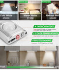 Display showing Lit 160 LED Motion Sensor Closet Lights Battery Powered Under Cabinet Light Bar in three color temperatures
