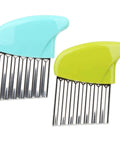 Pair of stainless steel crinkle vegetable cutters with blue and green handles.