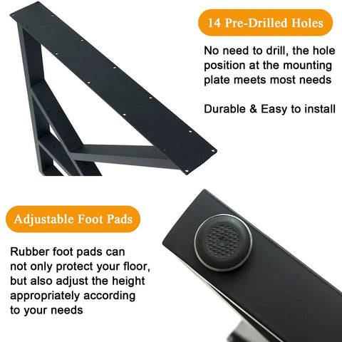 Close-up of Two Pack Beefy Heavy Duty Metal Desk Legs 28 Inch High 20 Inch Wide Matte Black Wrought Iron Tubes with foot pads visible