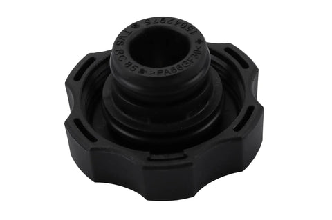 Top view of GM 15 PSI Radiator Cap OE Replacement for most GM vehicles, black plastic, designed to seal cooling system and prevent overheating.
