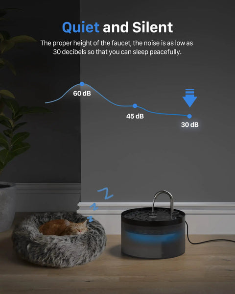 2L Pet Water Fountain For Cats And Dogs, Automatic Dispenser With Quiet Operation showing noise levels next to a sleeping cat
