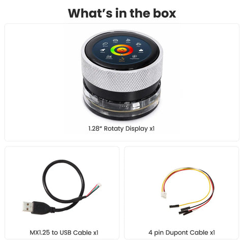1.28 Inch ESP32 S3 Round Knob Touch Display 240x240 Rotary Panel With Capacitive Touch and Physical Knob For Snappy Menu Navigation and Precise Parameter Control For Smart Projects. Box contents with display, USB cable, and Dupont cable