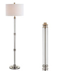 60 Inch Polished Nickel And Clear Glass Floor Lamp With White Linen Round Shade, Transitional Iron Standing Light For Your Living Room, Foot Switch, LED Bulb Included