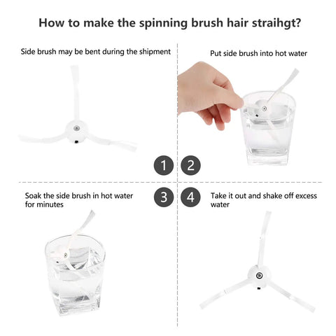 Diagram showing steps to straighten side brushes for 10 Pack Replacement Vacuum Cleaner Accessories Kit with hot water method.