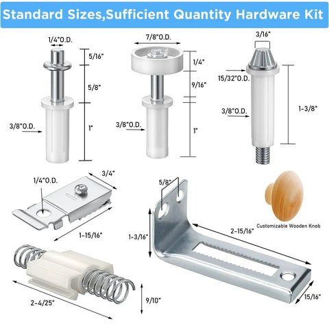 Built Tough Bifold Door Hardware With Reinforced Steel Track And Smooth Gliding Pivot Wheels Complete Closet Hardware Kit showing parts with measurements.